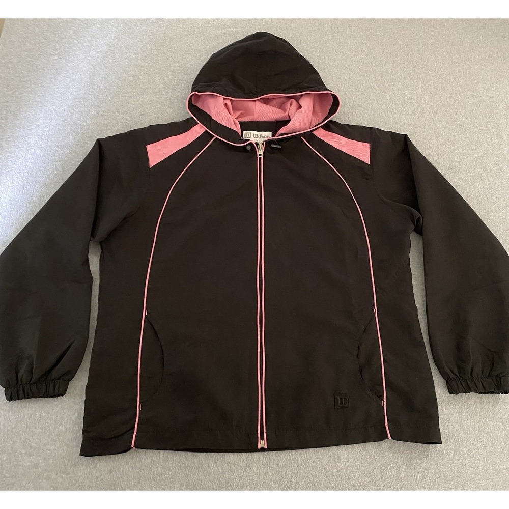 Wilson Women's Jacket Large Black Pink Hooded Full Zip Windbreaker Mesh Lined